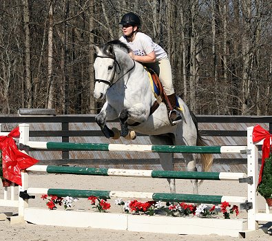 Got Um Smoke Um is an exrace horse who now loves to jump with his mom Amy.