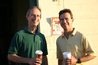 Barry and Ryan enjoy a cup of coffee trackside while looking for Prospect Off the Track Thoroughbred Horses to sell.