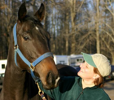 Elizabeth greets our newest horse - Cloned Colony.